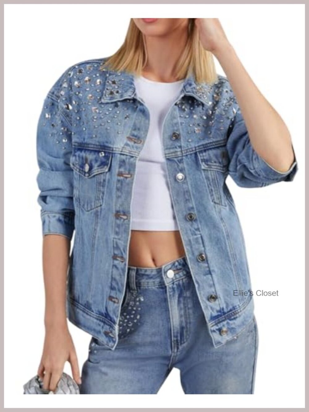 Embellished Rhinestone Denim Jacket Women Oversized Western Button Down Trucker